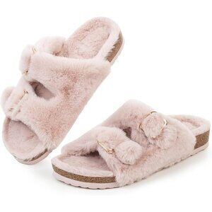 Women's Light Pink Cozy Lining Faux Rabbit Fur Cork Open Slipper Sandals Shoes